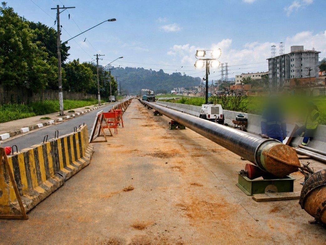 Duto de grande diâmetro instalado pela DRC sob via urbana, sem abrir vala